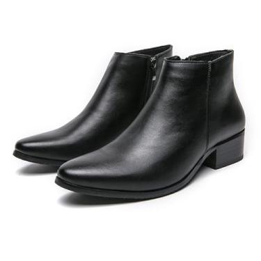Imagem de Botas masculinas clássicas de couro polido com zíper lateral Chelsea, bico fino, sem cadarço, quente, confortável, impermeável, Chukka, moda, salto baixo, botas Chelsea, Preto, 38