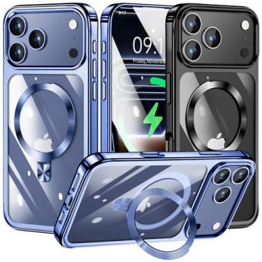 Imagem de [Anel de CD compatível com suporte invisível MagSafe] Capa magnética para iPhone 17 Pro Max, [amortecedor galvanizado sem amarelo][parece um iPhone nu] Capa fina transparente com suporte para mulheres