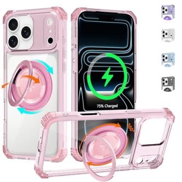 Imagem de WPCase Capa transparente para iPhone 17 Pro com suporte [compatível com MagSafe], capa resistente de grau militar com suporte magnético giratório 360 para mulheres e homens, rosa transparente