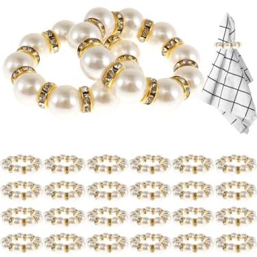 Imagem de Suporte de guardanapo com contas, suporte de guardanapo de casamento pérola conjunto com 24, fivelas de guardanapo de pérola de mesa para mesa de jantar, casamento, dia dos namorados, banquete