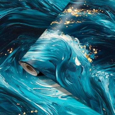 Imagem de HOMETITUTE Papel de parede de mármore azul verde dourado descasque e cole papel de parede de vinil removível autoadesivo para decoração de móveis, bancadas, armários 39,9 x 100 cm