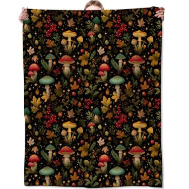 Imagem de Zeleda Cobertor de cogumelo de outono, cobertores de flanela leves e aconchegantes, planta colorida com floresta noturna estrelada, mantas rústicas de outono para sofá-cama sala de estar, 152 x 127 cm