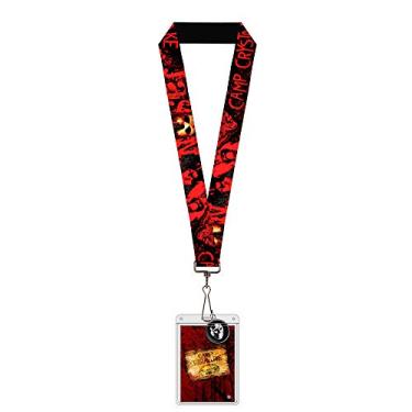 Imagem de Buckle-Down Warner Bros. Cordão para filmes de terror, pingente de crachá, Jason Mask Camp Crystal Lake impressões à mão sangue preto vermelho, elástico