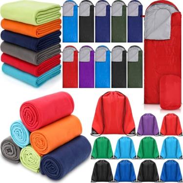 Imagem de Macarrie Conjunto de 30 peças de equipamentos de caminhada, inclui 10 sacos de dormir para adultos, adolescentes e crianças com saco de compressão, 10 cobertores de lã quentes e 10 sacos de cordão