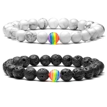 Imagem de TUDUHUT Conjunto de pulseiras de contas de pedra vulcânica e contas de howlita de 8 mm, 2 peças de pulseiras feitas à mão