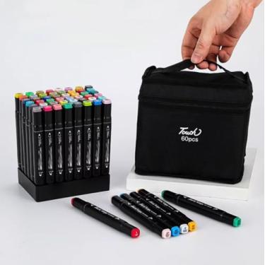 Imagem de Estojo com 60 Canetinhas, Permanentes, Coloridas, Escolar, Ponta Dupla, Multiplas Cores para Colorir