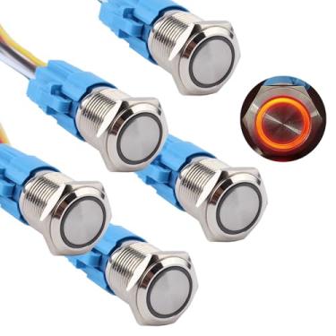 Imagem de DMWD 5 peças interruptor de botão momentâneo de metal de 16 mm 12 V-24 V (ON)-Off 5 pinos 1NO 1NC Auto-Reset à prova d'água 5/20.3 cm orifício de montagem com anel de halo LED (luz vermelha)