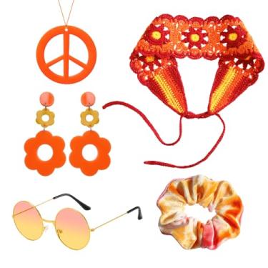Imagem de Conjunto de 5 acessórios de fantasia hippie, faixa de cabeça de flor, artigos de festa dos anos 60 e 70 (laranja)