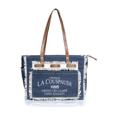 Imagem de Bolsa feminina vintage de lona – Bolsa de ombro jeans reciclada com alças de couro, grande capacidade, bordas com franjas, bolsa de viagem para mercado de praia – Design LA COUSPAUDE