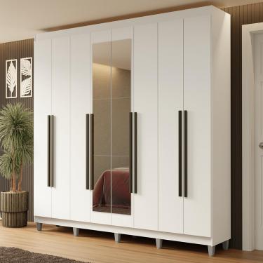 Imagem de Guarda-Roupa Casal com Pés 8 Portas Batentes com Espelho Branco/Branco/Preto Netuno Madesa