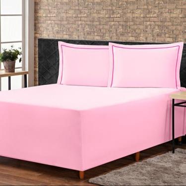 Imagem de Jogo de Lençol p/ Cama Box Complet Rosa Casal 03 Peças - Percal 140 Fi