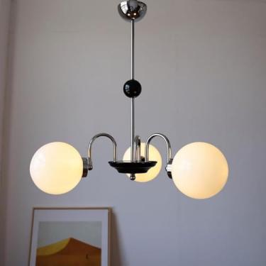 Imagem de Lustre nórdico moderno de 3 luzes, globo de vidro, lustre moderno, luz pendente, cromado, branco, bola de leite, luz suspensa, teto para quarto, sala de jantar, casa de fazenda, cromado