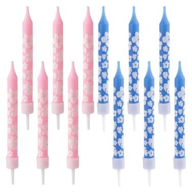Imagem de 12 Velas de Aniversário com Desenho Tropical, Estampa de Folhas Palmeira e Flores Tropicais Decoração Bolo com Tema Verão Artigos para Festa Havaiana (Rosa e Azul)