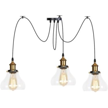 Imagem de Luminária pendente ajustável múltipla DIY teto aranha lâmpada, latão V-intage industrial vidro transparente sombra lustre pendurado iluminação, decoração moderna