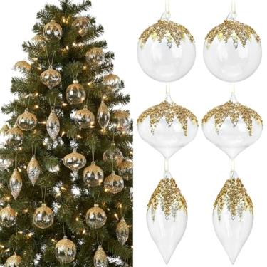 Imagem de Yerliker 12 peças de enfeites de bola de vidro transparente de Natal com lantejoulas douradas, enfeites de árvore de Natal, bolas de vidro para pendurar em árvore de Natal, decoração de festa de