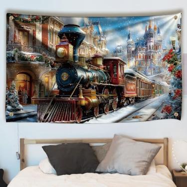 Imagem de WEBEEDY Tapeçaria de trem de Natal, pendurar na parede, neve, ferrovia, Natal, tapeçaria de parede para quarto, sala de estar, decoração de casa, foto de fundo, presente de decoração de festa, 188 x