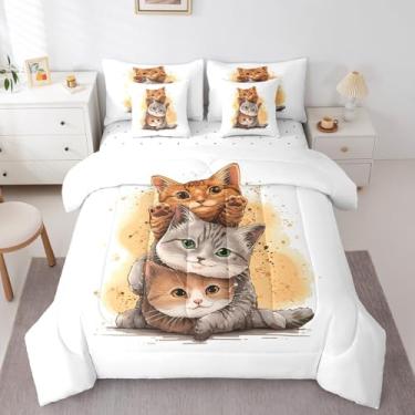 Imagem de Erosebridal Jogo de cama King com estampa kawaii de gatos fofos, 7 peças, para crianças, meninos, meninas, aquarela, gatinho, conjunto de lençol com edredom