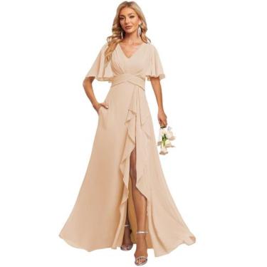 Imagem de Vestido de dama de honra Deamify Blush Pink Chiffon com decote em V ev