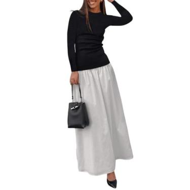 Imagem de Vestido maxi YOXUA, manga comprida, patchwork, linha A, cinza para mul