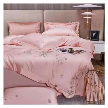 Imagem de Jogo de cama de luxo 1000 fios 1000% algodão de qualidade suprema com flores bordadas, jogo de edredom plano/lençol com elástico (E QUEEN_FLAT)