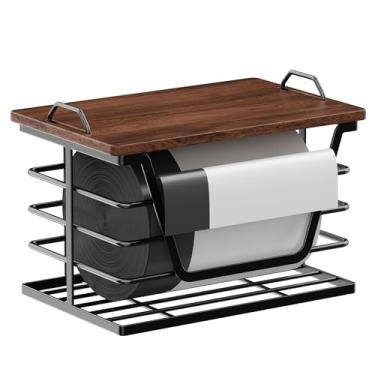 Imagem de Porta-sacos de lixo com parte superior de madeira, dispensador de saco de lixo grande e pequeno para cozinha, despensa, organização de lavanderia, suporte de parede ou bancada, preto médio