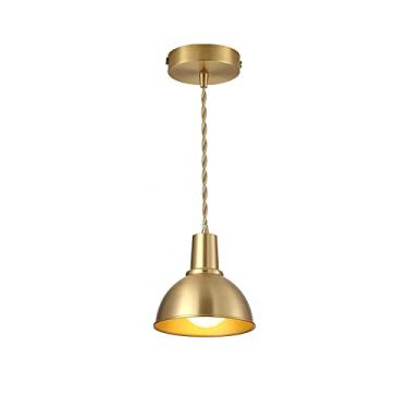 Imagem de YQSLQZZ Lustre de latão americano, luminária pendente de ilha de cozinha vintage com cúpula, luminária de teto suspensa acima da pia da mesa de jantar, altura ajustável