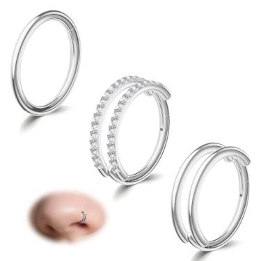 Imagem de davka Conjunto de argolas de nariz prateadas de 18 G, aço hipoalergênico 316L para mulheres e homens, clique articulado para piercings de narina/septo/hélice/cartilagem