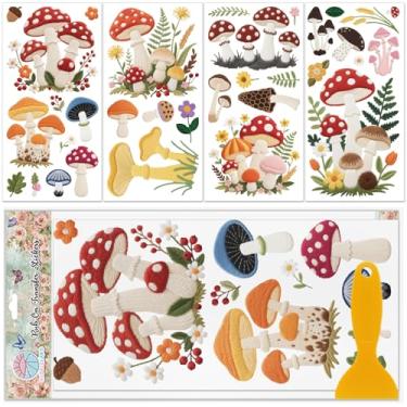 Imagem de GLOBLELAND 4 folhas estilo bordado cogumelos esfregar em adesivos de transferência para móveis 30 x 15 cm adesivos coloridos de transferência de cogumelos plantas florestais adesivos autoadesivos UV