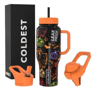 Imagem de Copo Coldest com alça e canudo, copo isolado 100% à prova de vazamento com tampa e canudo (3 tampas), copos de aço inoxidável para mulheres e homens, base compatível com porta-copos, 1,020 g (sistible