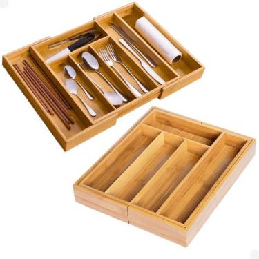 Imagem de Porta Talheres Gaveta Bambu 7 Divisórias Extensível Ajustável Organiza