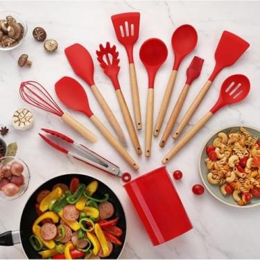 Imagem de Kit C/12 Peças Utensílios De Cozinha Colheres Espatula Silicone Cabo Madeira Decoração Livre BPA(vermelho)