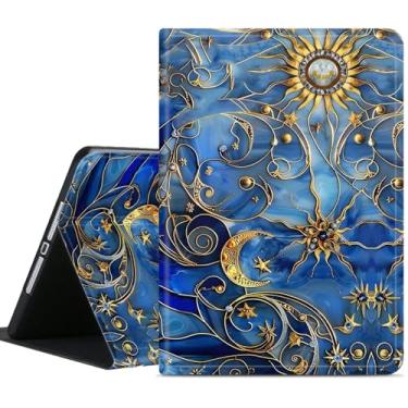 Imagem de Compatível com Apple iPad 9ª 8ª geração 7ª geração 10,2 polegadas com suporte para lápis, capa protetora de tablet ajustável antiderrapante, lua sol estrela azul