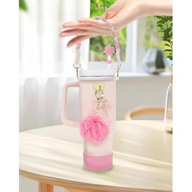 Imagem de Conjunto de acessórios de copo de 7 peças para Stanley, kit completo de acessórios para garrafa Stanley Cup 1,134 g e 850 g, com alça de alça/bota de silicone/capas de palha/pingentes, rosa