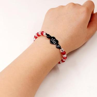 Imagem de Generic Pulseira de contas de vidro acessível, joias de Natal ajustáveis de 6 mm, pulseira de aço inoxidável com pingente de coração, pulseiras de amizade em camadas de festa festiva para mulheres