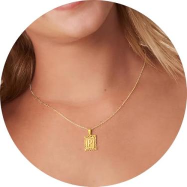 Imagem de Colar com letra inicial para mulheres, aço inoxidável banhado a ouro 18K, pingente retangular A–Z, corrente de 50,8 cm, 20in, Aço inoxidável, Sem Pedra Preciosa