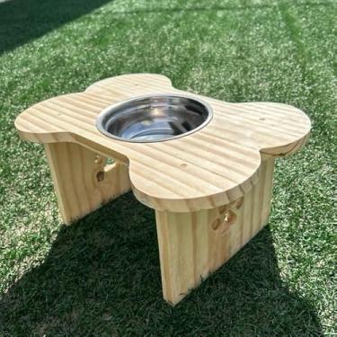 Imagem de Comedouro Elevado Pet em Madeira Pinus com Tigelas Inox – Design Minimalista para Cães de Porte Pequeno, Médio e Grande(Natural 20cm c1 pote 650ml)