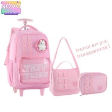 Imagem de Kit Escolar 3 em 1 Mochila Frente em PVC transparente Gatinho fofo com