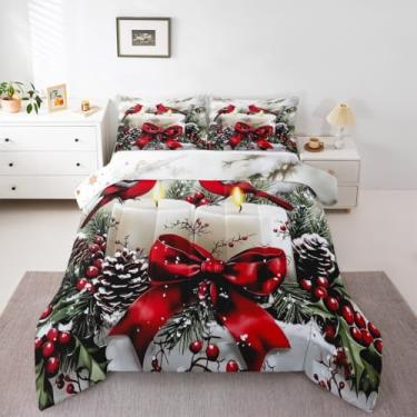 Imagem de Conjunto de cama king size Merry Christmas para decoração de quarto de crianças, cardeais vermelhos, 3 peças, decoração de árvore de Natal, conjunto de edredom para decoração de quarto de meninas