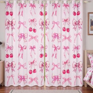 Imagem de Cortinas blecaute com laço de cereja rosa lindas cortinas de laço de fita de seda 2 painéis 106 cm L L x 213 cm C, cortinas de gravata borboleta e cortinas sonhadoras kawaii, decoração de quarto rosa