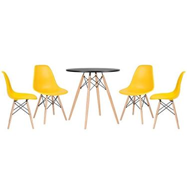 Imagem de Loft7, Kit - Mesa redonda Eames 70 cm preto + 4 cadeiras Eiffel Dsw Amarelo