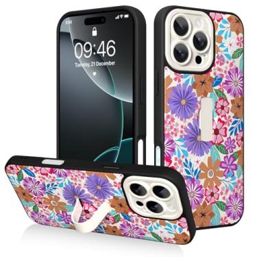 Imagem de AIGOMARA Capa para iPhone 16 Pro com alça de dedo, estampa floral colorida com estampa floral para mulheres e meninas, capa protetora à prova de choque antiarranhões com suporte de mão, branca