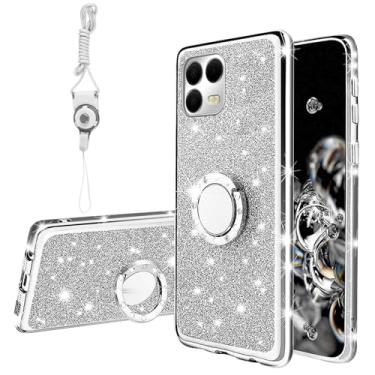 Imagem de KuDiNi Capa protetora para T-Mobile REVVL 8 pro 5G para mulheres e meninas com glitter, cristal, macio, transparente, TPU, luxuosa, com alça de suporte para T-Mobile Revvl 8 pro (prata purpurina)