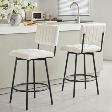 Imagem de MILCIL Banqueta giratória de altura para balcão com encosto, banco estofado de 66 cm com moldura de metal, encosto de assento de canal, conjunto de 2 veludo, branco