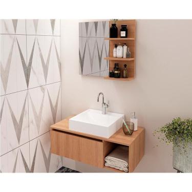 Imagem de Conjunto De Banheiro Balcão Suspenso Bn3601 S- Cuba 80cm E Armário C- Espelho Bn3608 Amêndoa - Tecno Mobili