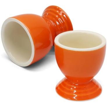 Imagem de Kyuionty Conjunto de 2 copos para ovos de laranja, suporte de cerâmica para ovos cozidos, suporte de porcelana, conjunto de presente para cozinhar café da manhã/memórias de infância
