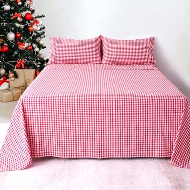 Imagem de Jogo de lençol casal xadrez de algodão com 3 peças, lençol de cama vermelho guingão 100% algodão luxuoso, respirável e refrescante, conjunto de cama casal com bolsos profundos até 40,6 cm, lençóis