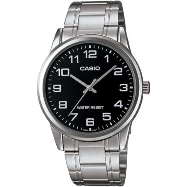 Imagem de Casio Relógio masculino #MTP-V001D-1B padrão de aço inoxidável com mostrador preto, Preto, Relógio de quartzo, cronógrafo, movimento de quartzo