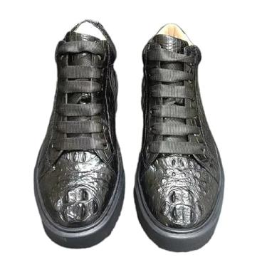 Imagem de Sapato masculino autêntico de couro de crocodilo exótico preto sólido cano alto casual couro jacaré genuíno masculino cadarço sapatilha no tornozelo, Preto, 41