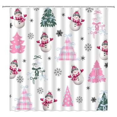 Imagem de Cortina de chuveiro de boneco de neve de Natal rosa xadrez árvore de Natal bonito arco de desenho animado boneco de neve floco de neve engraçado férias de inverno 177,8 cm L x 170 A cortina decorativa