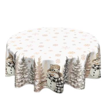 Imagem de ABSOP Toalha de mesa redonda de Natal com estampa de boneco de neve e floco de neve de 178 cm, toalha de mesa redonda dourada lavável no inverno, decoração de poliéster para casa, cozinha, jantar
